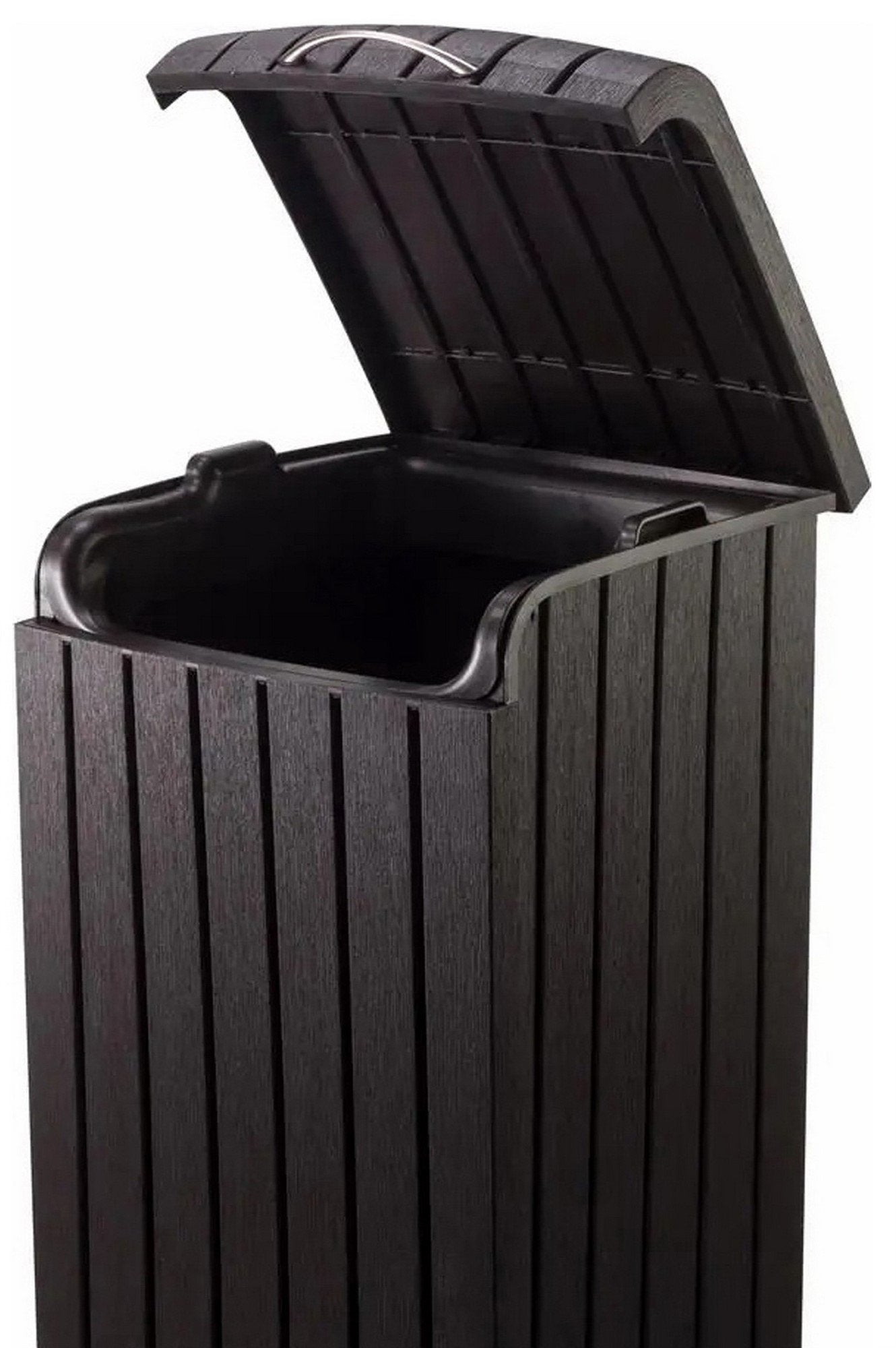 Keter 39 Gallon Indoor Outdoor Trash Can Waste Bin Brown Wood Grain Finish