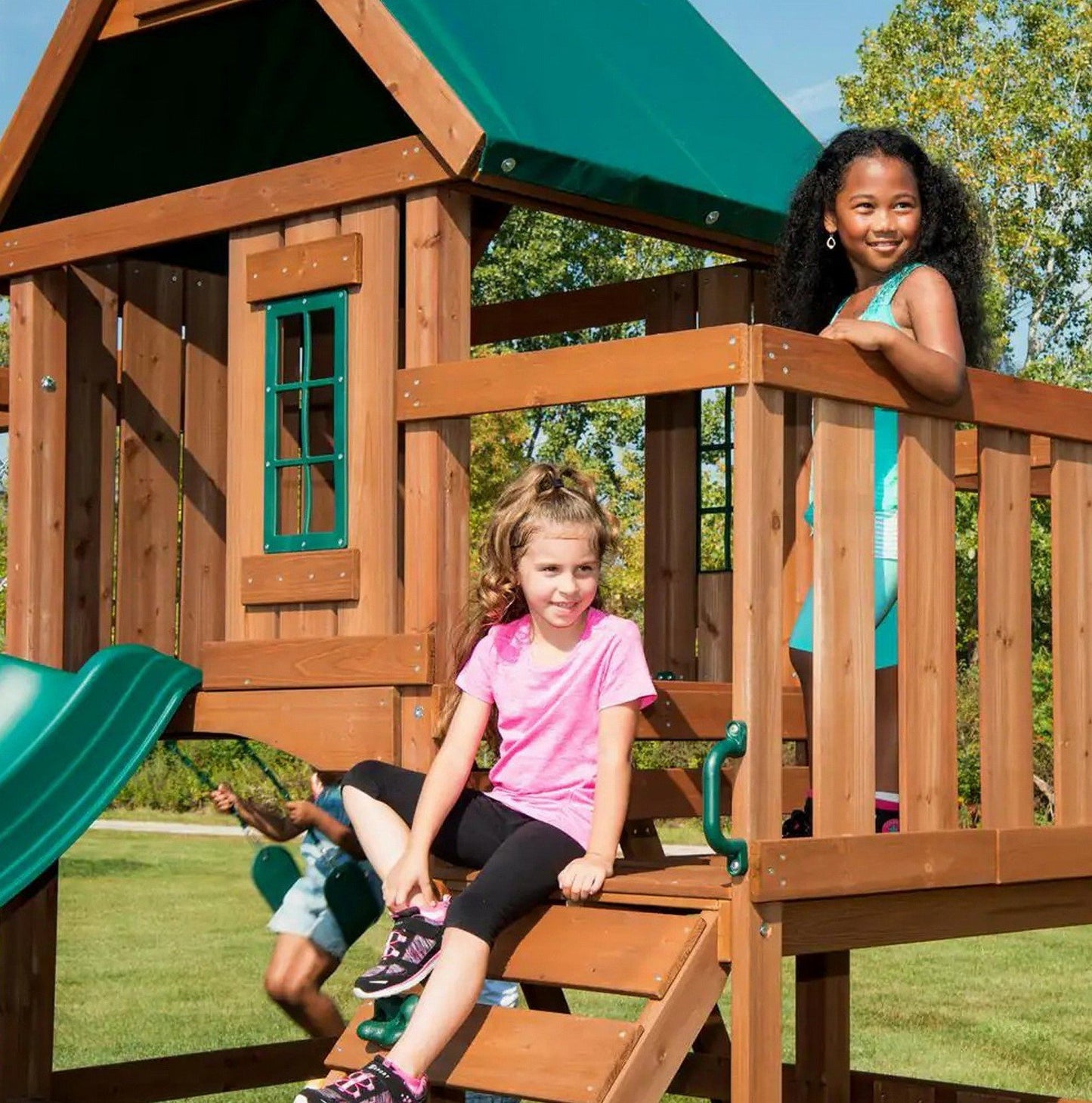 Huge Wooden Outdoor Playset Swing Set Monkey Bars Slide Rock Wall & Accessories