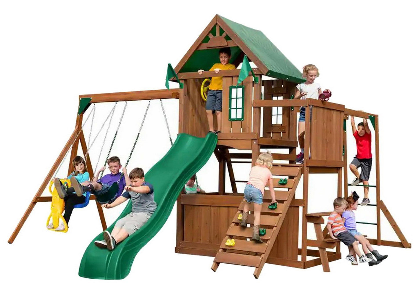 Huge Wooden Outdoor Playset Swing Set Monkey Bars Slide Rock Wall & Accessories