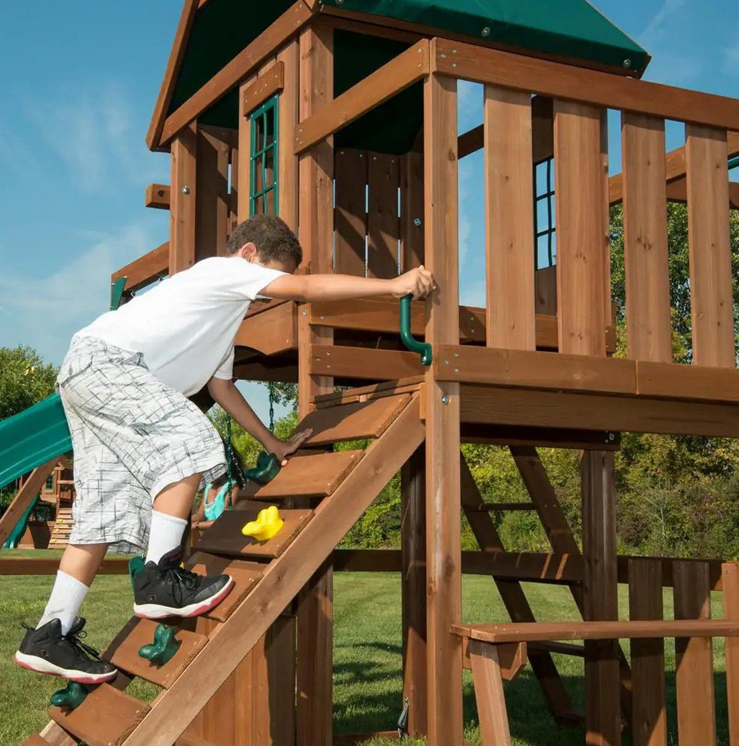 Huge Wooden Outdoor Playset Swing Set Monkey Bars Slide Rock Wall & Accessories