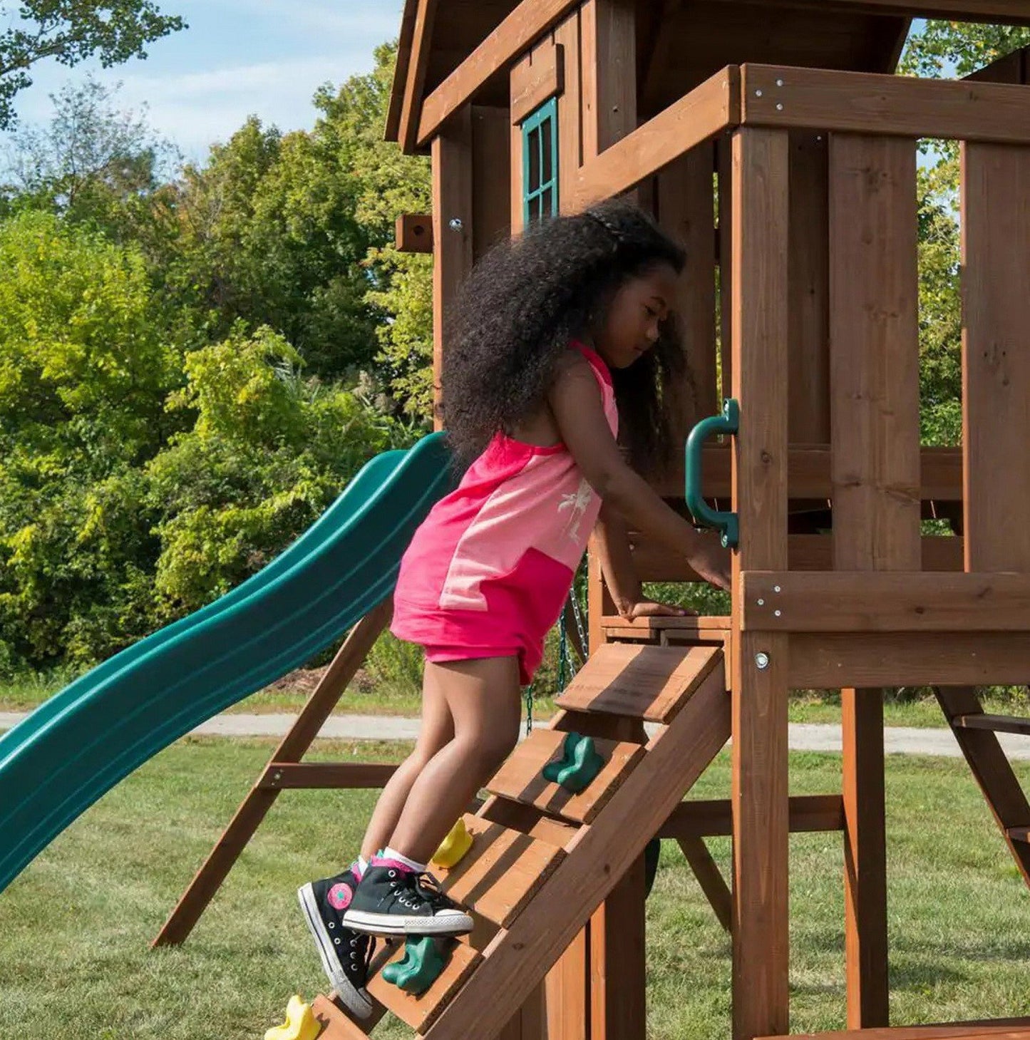 Huge Wooden Outdoor Playset Swing Set Monkey Bars Slide Rock Wall & Accessories
