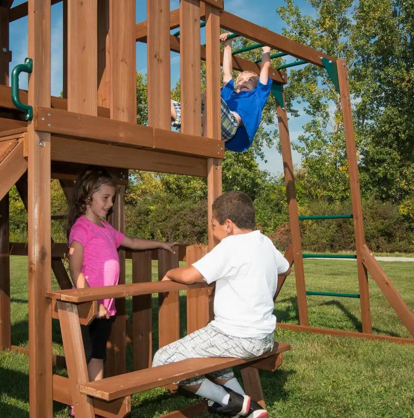 Huge Wooden Outdoor Playset Swing Set Monkey Bars Slide Rock Wall & Accessories