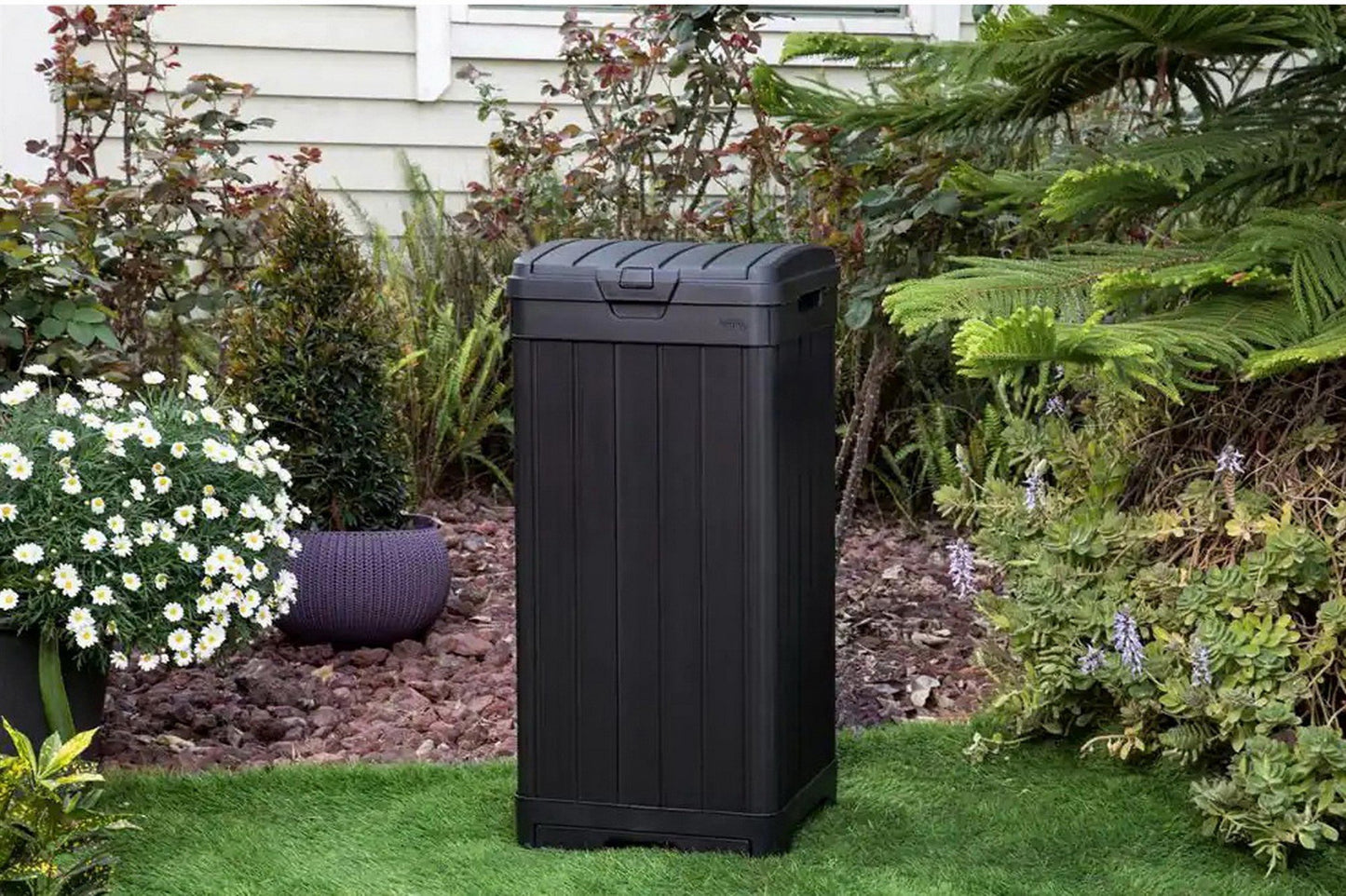 Keter Indoor Outdoor Trash Can 39 Gallon Capacity Waste Bin Wood Grain Finish