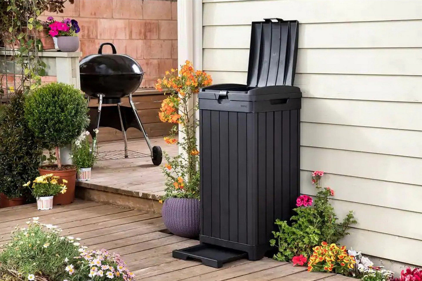 Keter Indoor Outdoor Trash Can 39 Gallon Capacity Waste Bin Wood Grain Finish