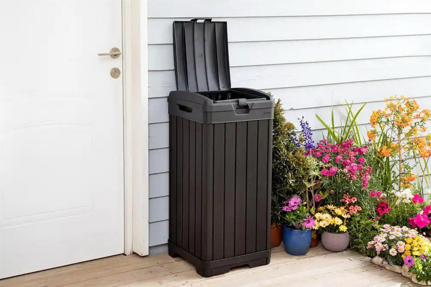 Keter Indoor Outdoor Trash Can 39 Gallon Capacity Waste Bin Wood Grain Finish