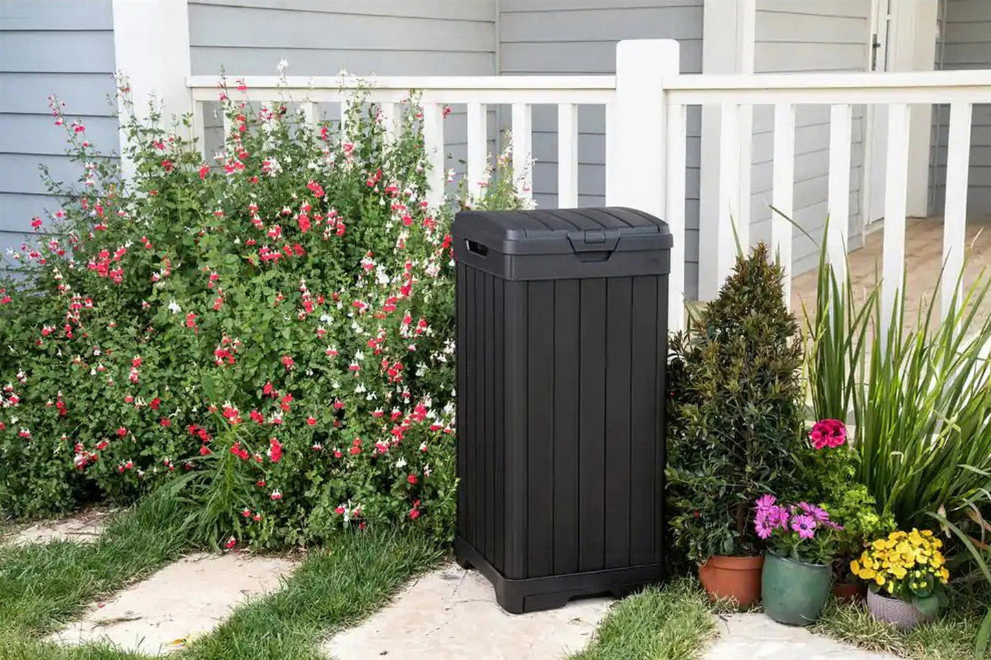 Keter Indoor Outdoor Trash Can 39 Gallon Capacity Waste Bin Wood Grain Finish