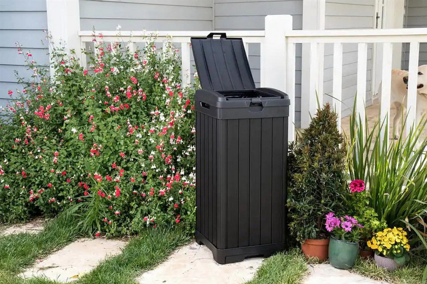 Keter Indoor Outdoor Trash Can 39 Gallon Capacity Waste Bin Wood Grain Finish
