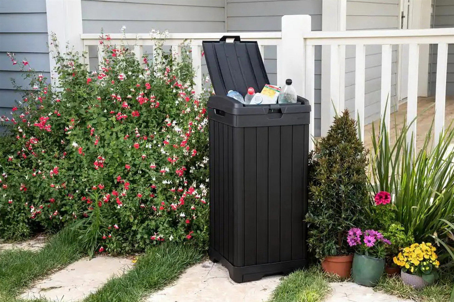 Keter Indoor Outdoor Trash Can 39 Gallon Capacity Waste Bin Wood Grain Finish