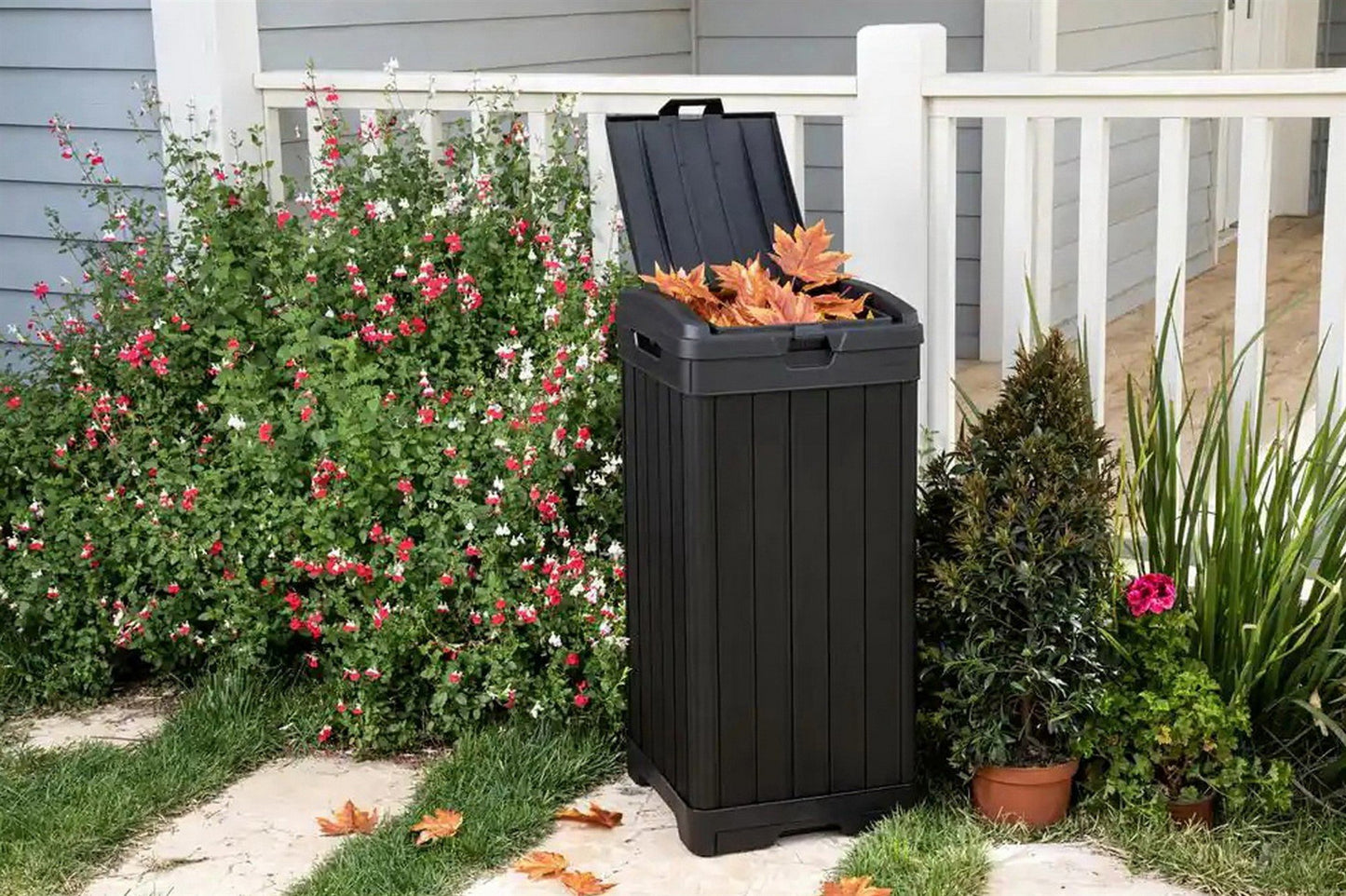 Keter Indoor Outdoor Trash Can 39 Gallon Capacity Waste Bin Wood Grain Finish