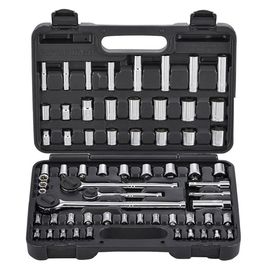 64 Piece SAE and Metric Socket Set 1/4" 3/8" 1/2" Drive 3 Ratchets