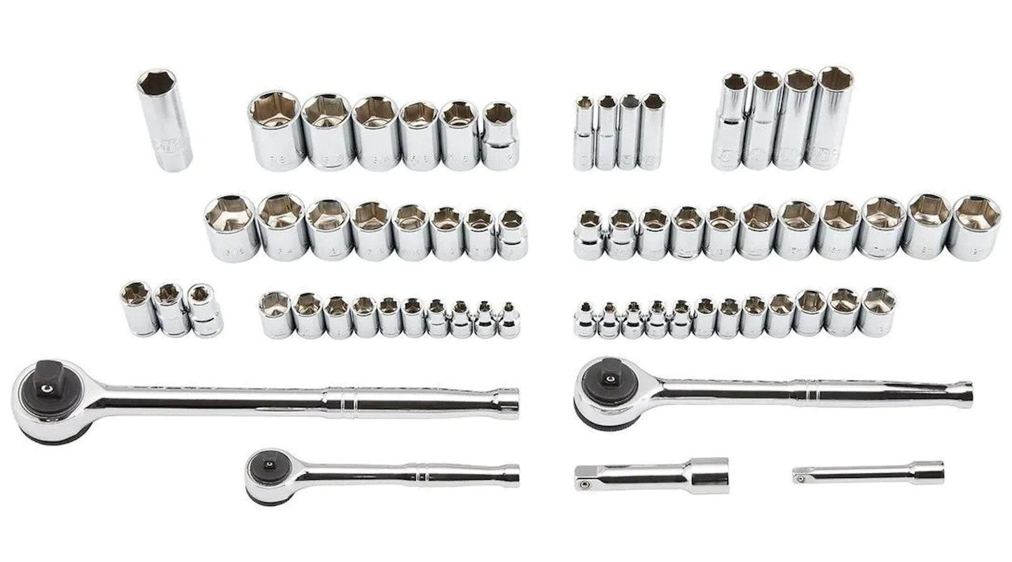 64 Piece SAE and Metric Socket Set 1/4" 3/8" 1/2" Drive 3 Ratchets