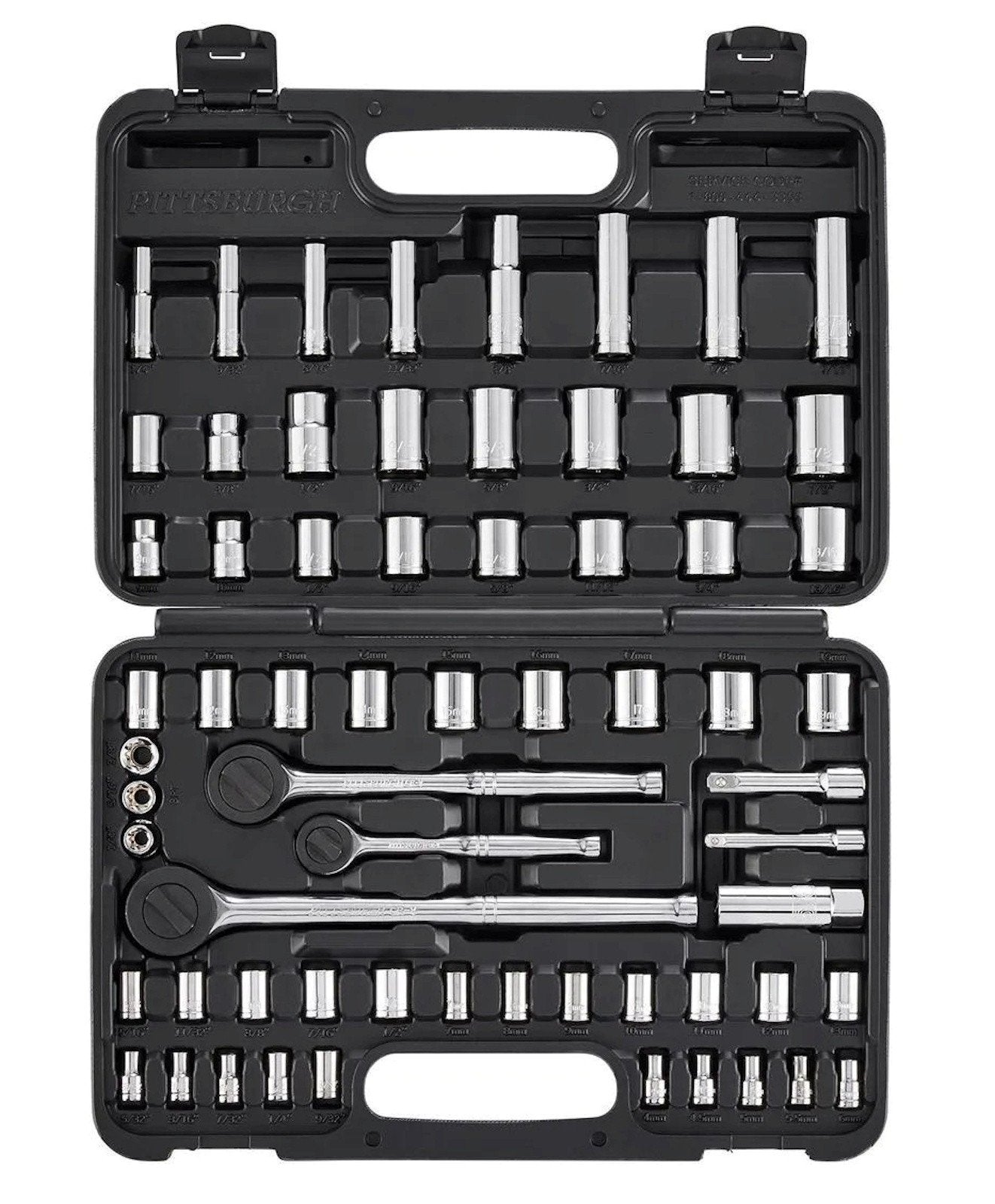 64 Piece SAE and Metric Socket Set 1/4" 3/8" 1/2" Drive 3 Ratchets