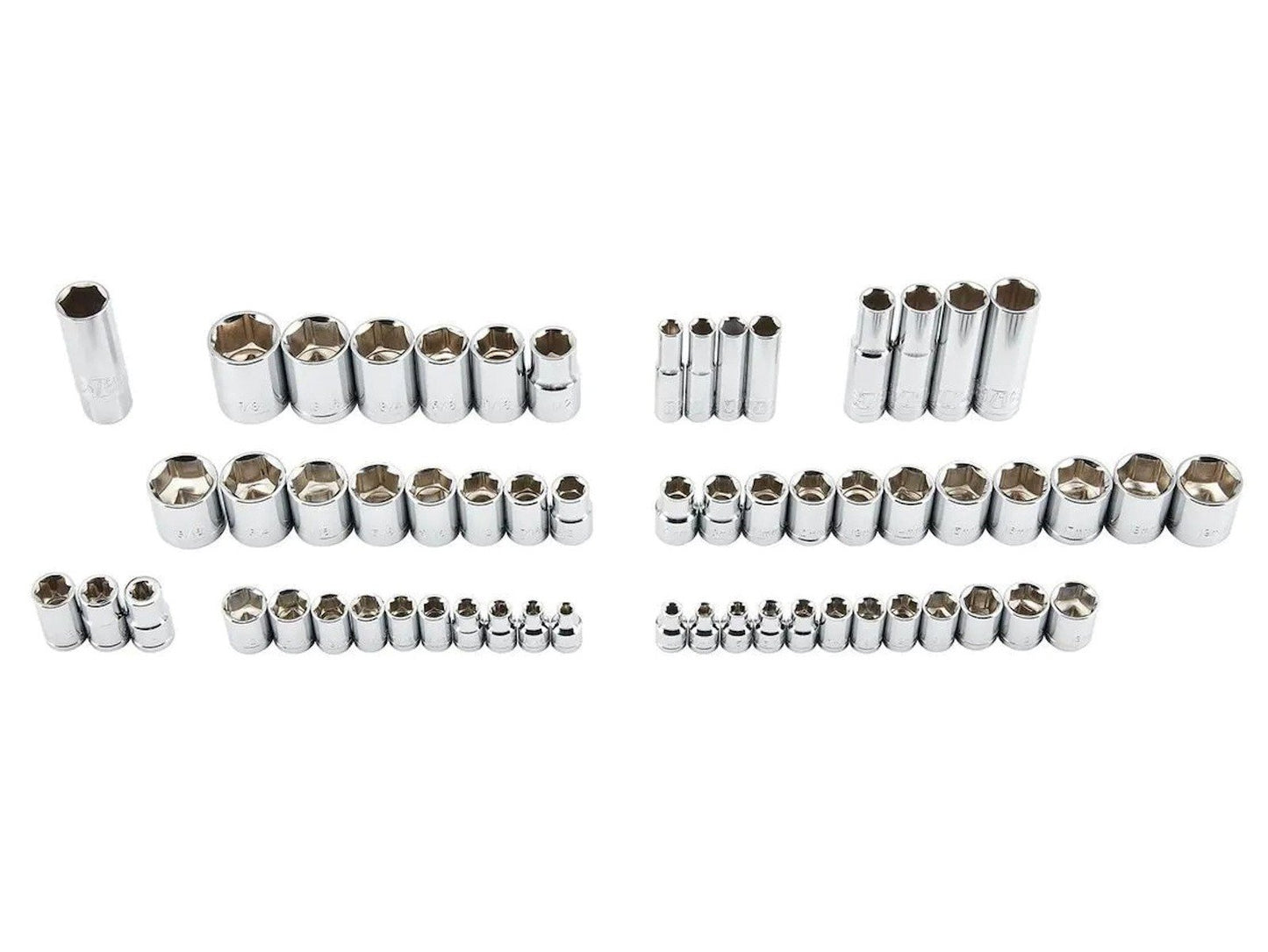 64 Piece SAE and Metric Socket Set 1/4" 3/8" 1/2" Drive 3 Ratchets