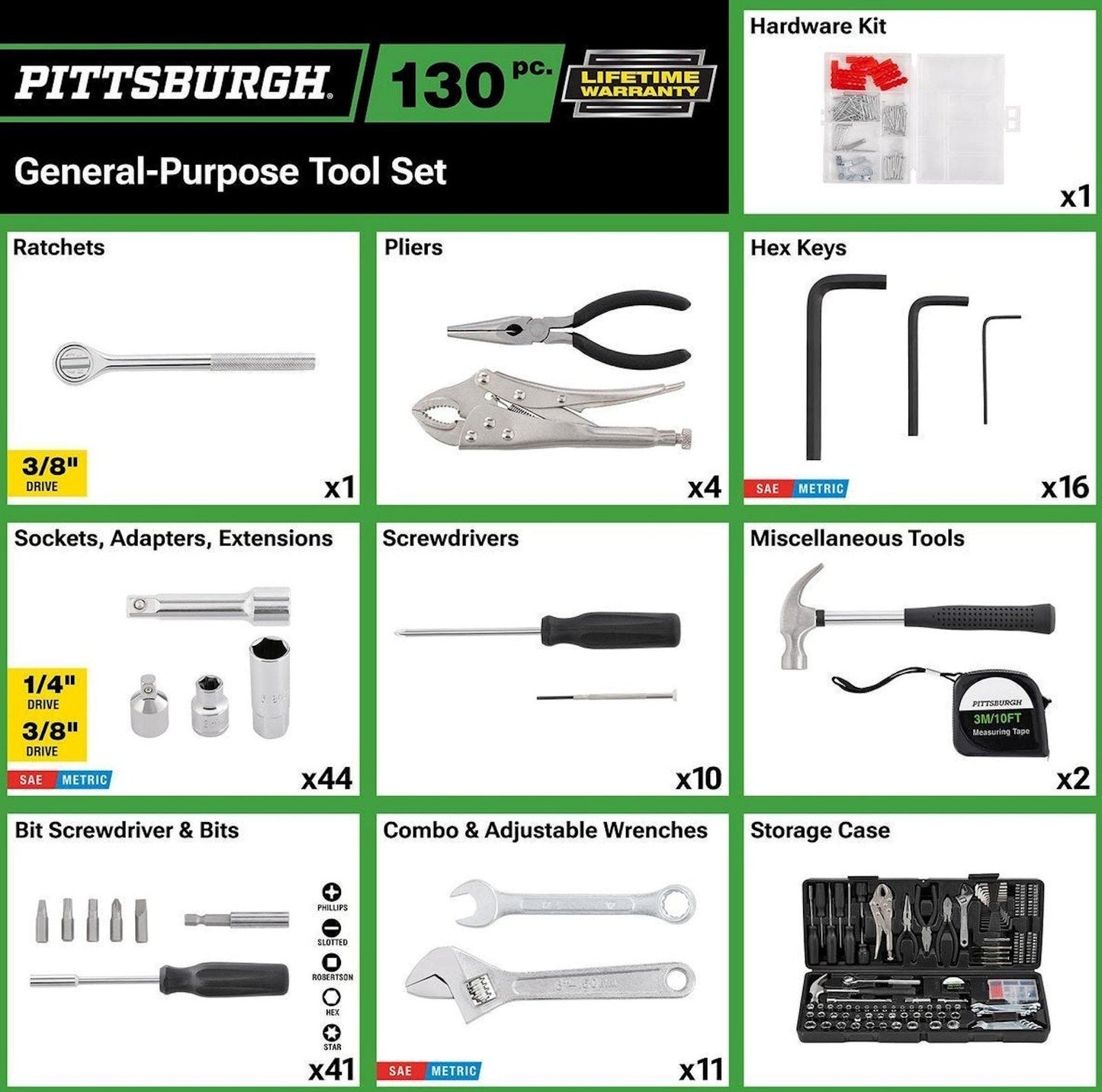 130 pc Tool Set Storage Case Screwdrivers Wrenches Pliers Sockets Pittsburgh
