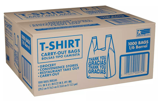 1000 T-Shirt Carry Out Retail Plastic Bags Recyclable Grocery Shopping Thank You
