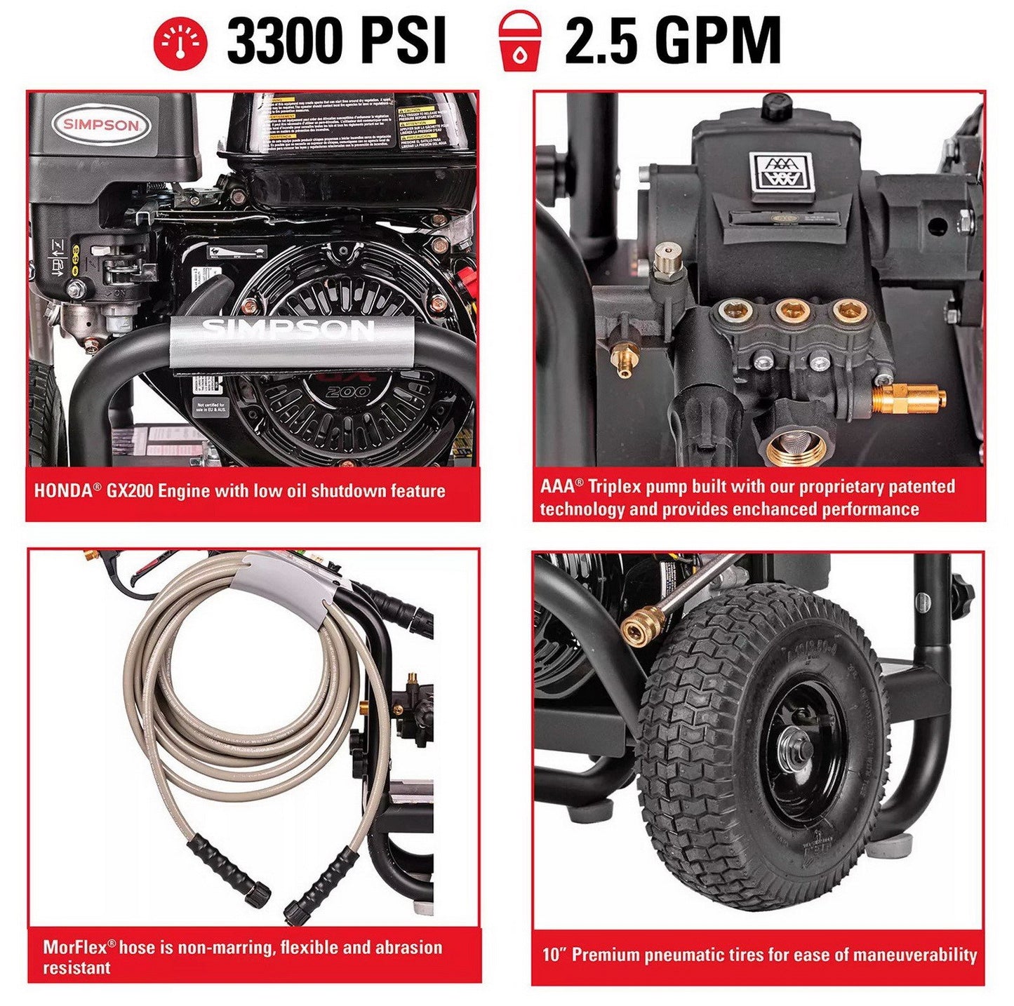 Simpson Gas Pressure Washer 3,300 PSI Power Shot 2.5 GPM Power Wash 5 Nozzles