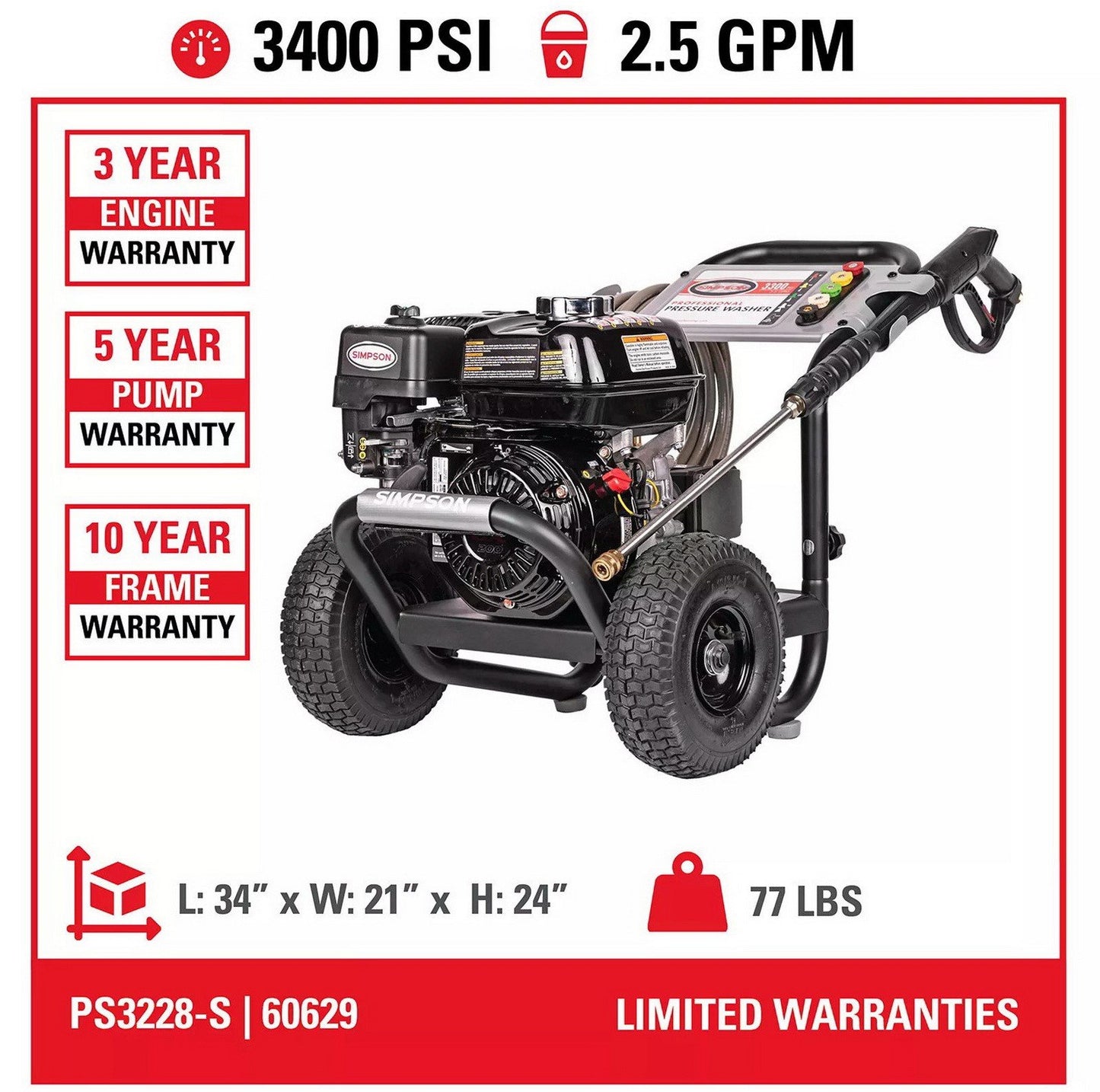 Simpson Gas Pressure Washer 3,300 PSI Power Shot 2.5 GPM Power Wash 5 Nozzles