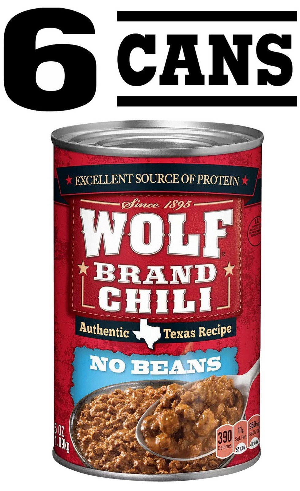 Wolf Brand Beef Chili 15 oz Cans 6 pk Six Pack No Bean Texas #1