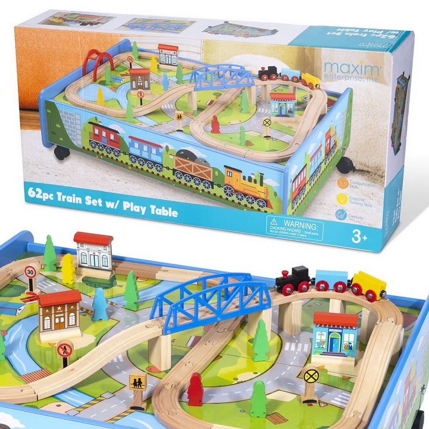 62 pc Wood Rolling Train Table Set Play Board and Track Thomas Brio Compatible