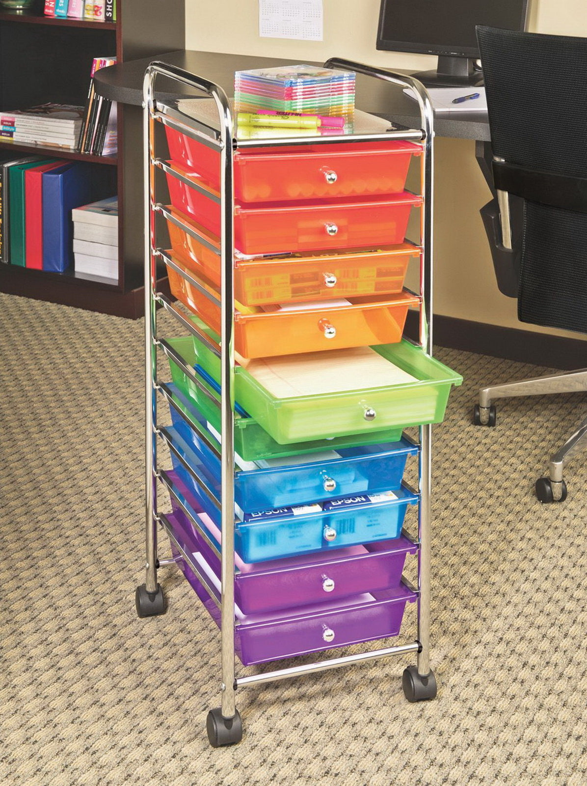 10 Drawer Rolling Scrapbook Paper Storage Organizer Cart Office School Tools