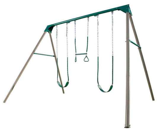 Heavy Duty Steel Swing Set with Trapeze Bar Gym Rings and 2 Belt Swings 10'