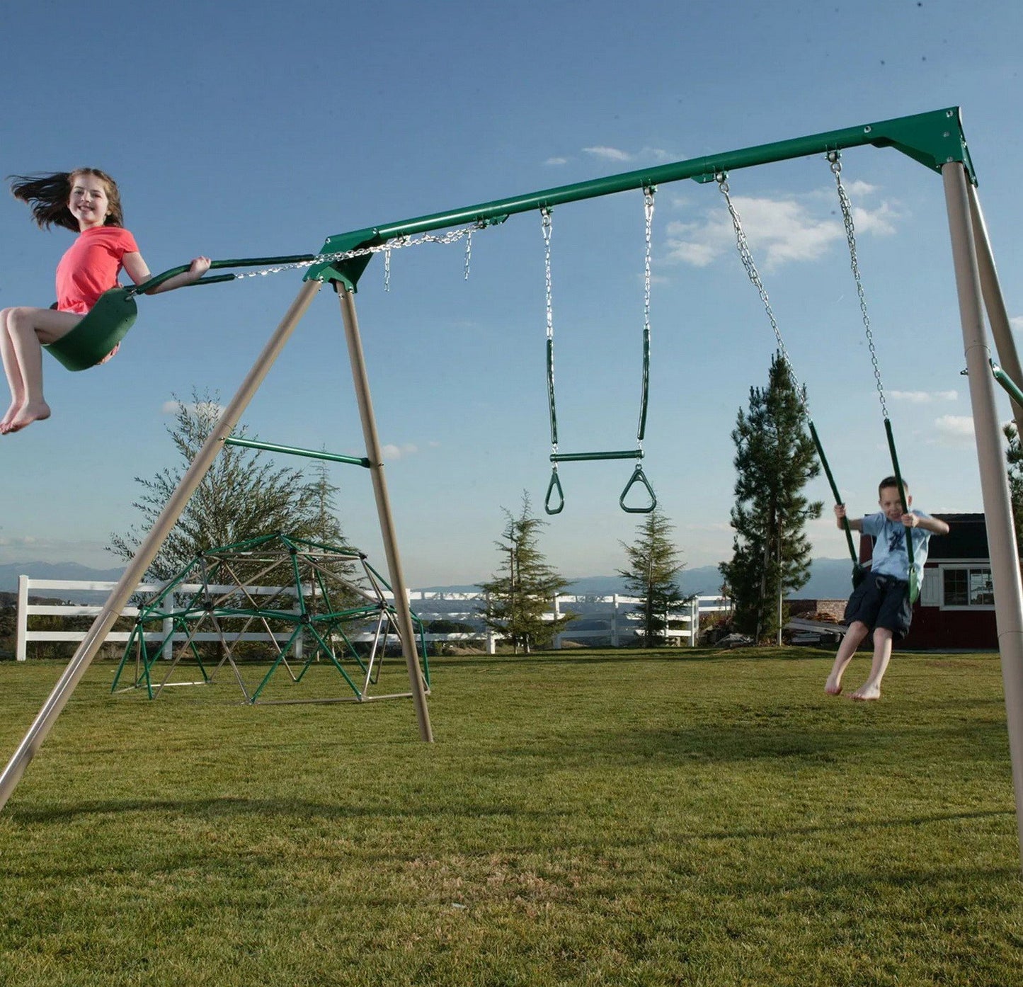 Heavy Duty Steel Swing Set with Trapeze Bar Gym Rings and 2 Belt Swings 10'