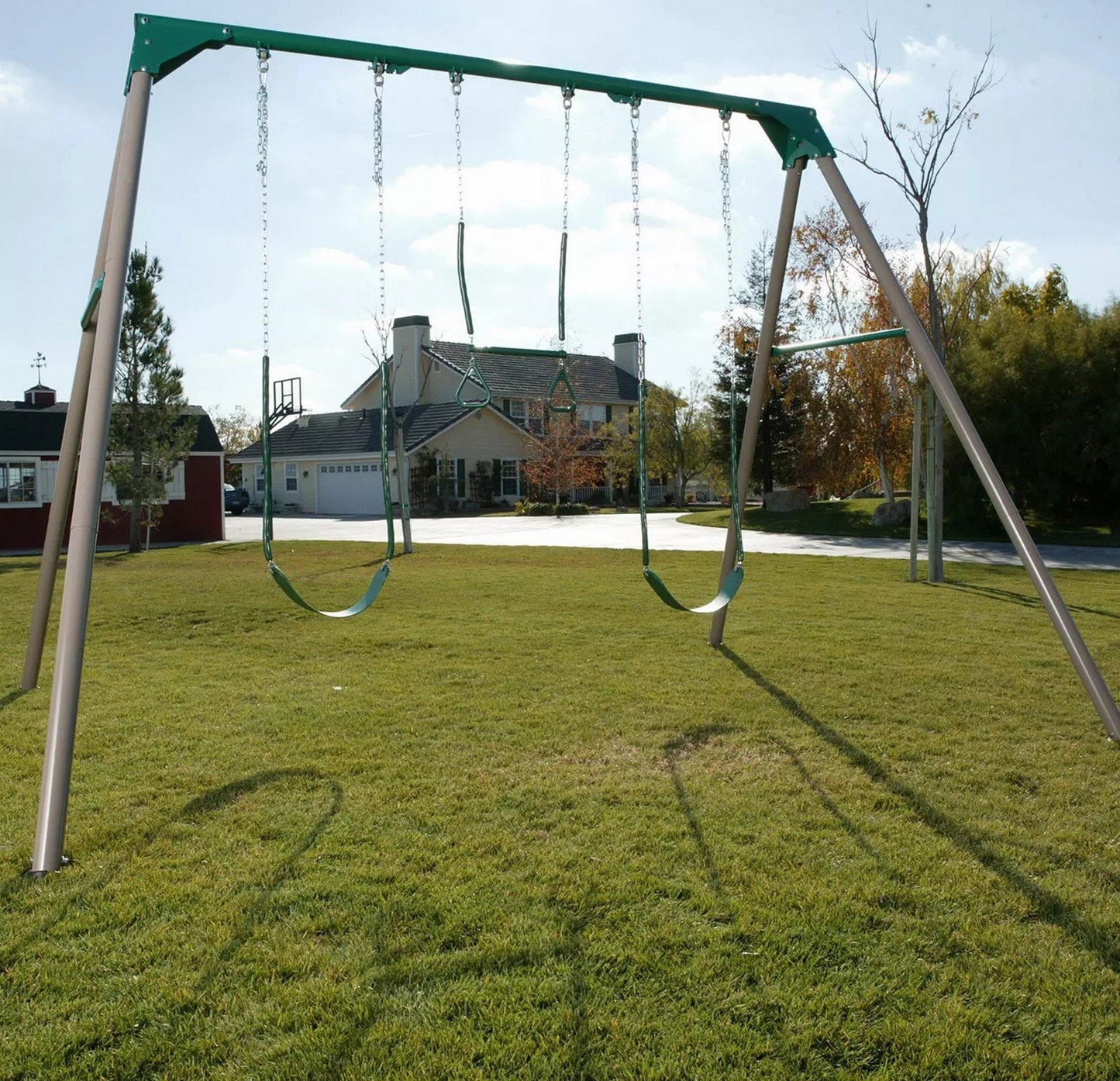 Heavy Duty Steel Swing Set with Trapeze Bar Gym Rings and 2 Belt Swings 10'