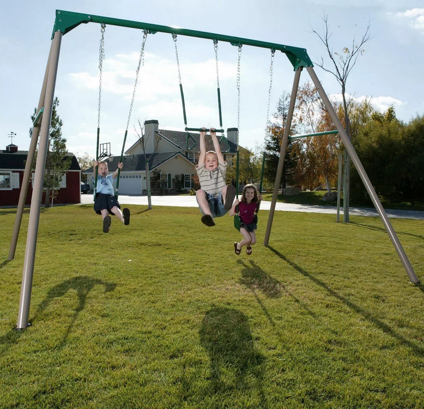 Heavy Duty Steel Swing Set with Trapeze Bar Gym Rings and 2 Belt Swings 10'