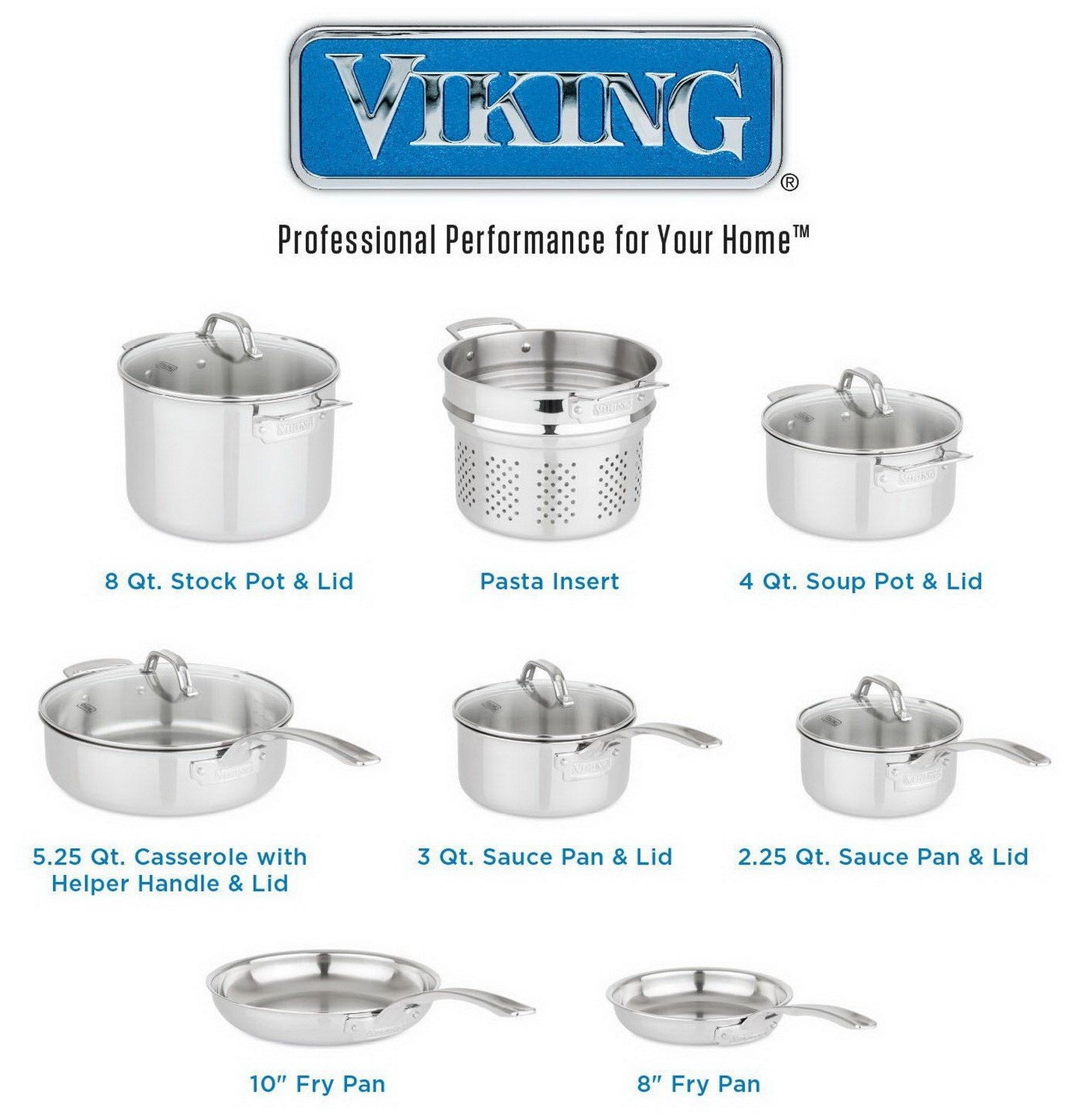 Viking 13 pc Tri-Ply Stainless Steel Cookware Set Glass Lids Induction Ready