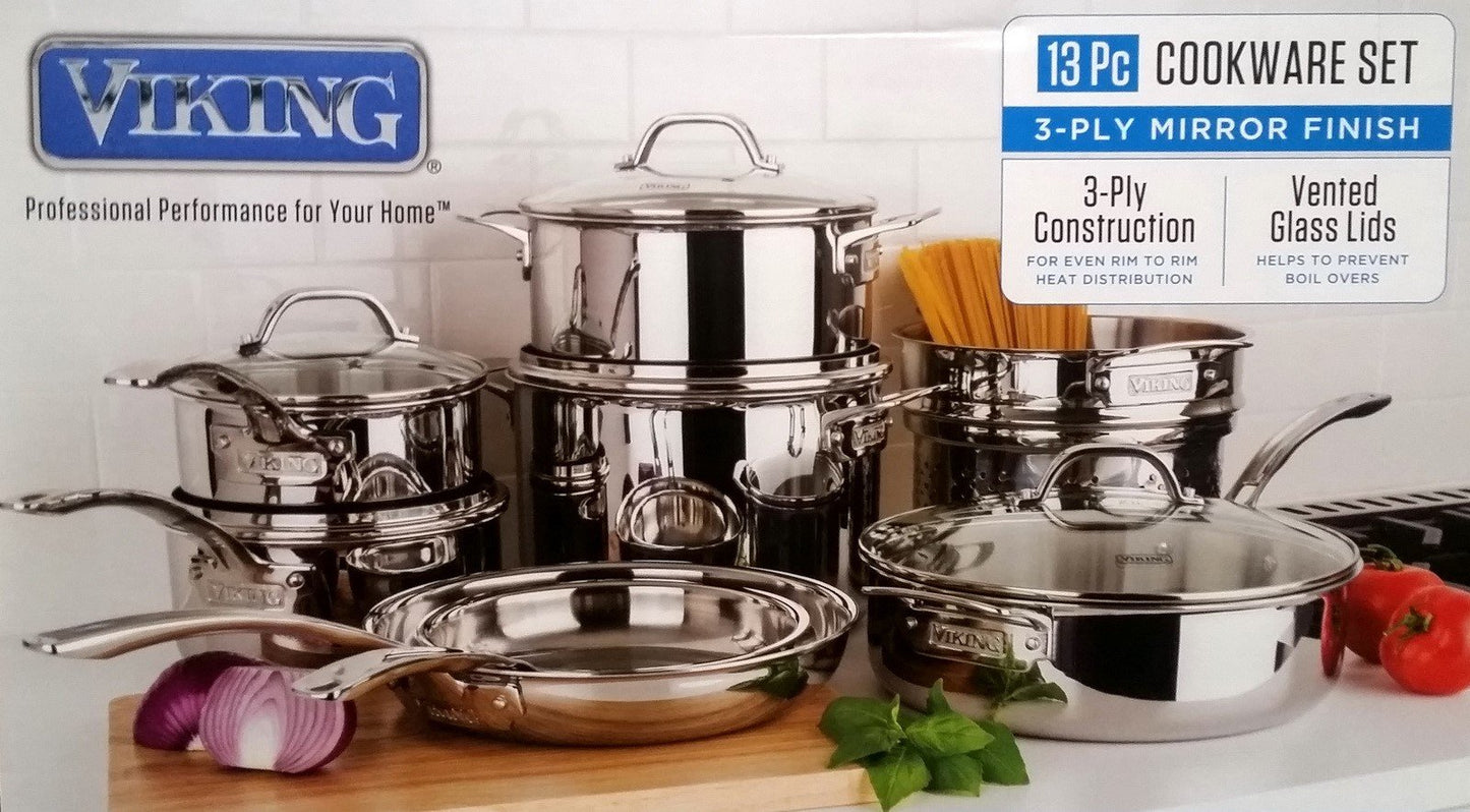 Viking 13 pc Tri-Ply Stainless Steel Cookware Set Glass Lids Induction Ready