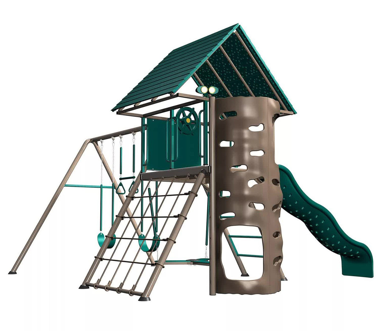 Huge Outdoor Playground Swing Set Club House Trapeze Wavy Slide Climbing Wall