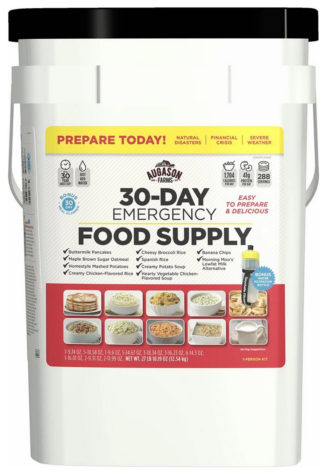 Emergency Disaster Food Supply Bucket Bonus Water Filter Bottle 1 person 30 days