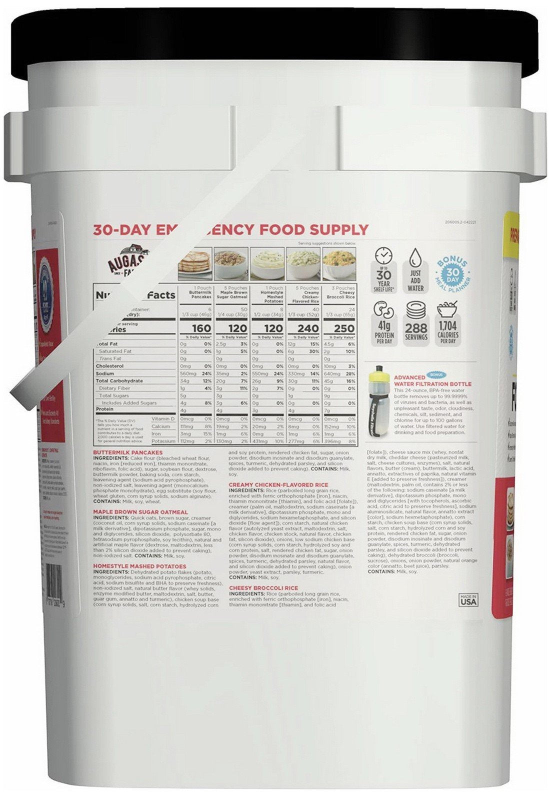 Emergency Disaster Food Supply Bucket Bonus Water Filter Bottle 1 person 30 days