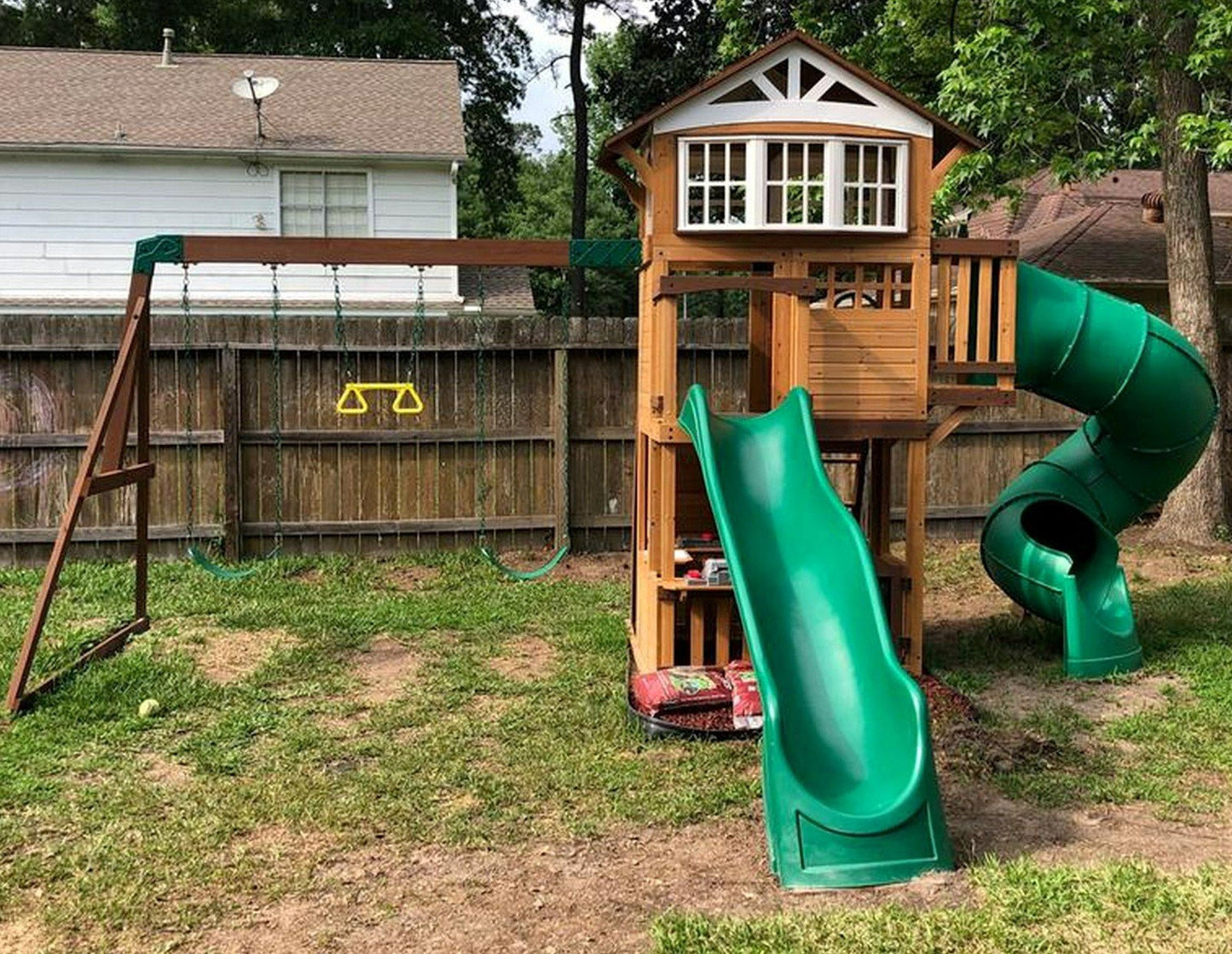 Large Cedar Wood Playground Swing Set Play Set 2 Slides Clubhouse