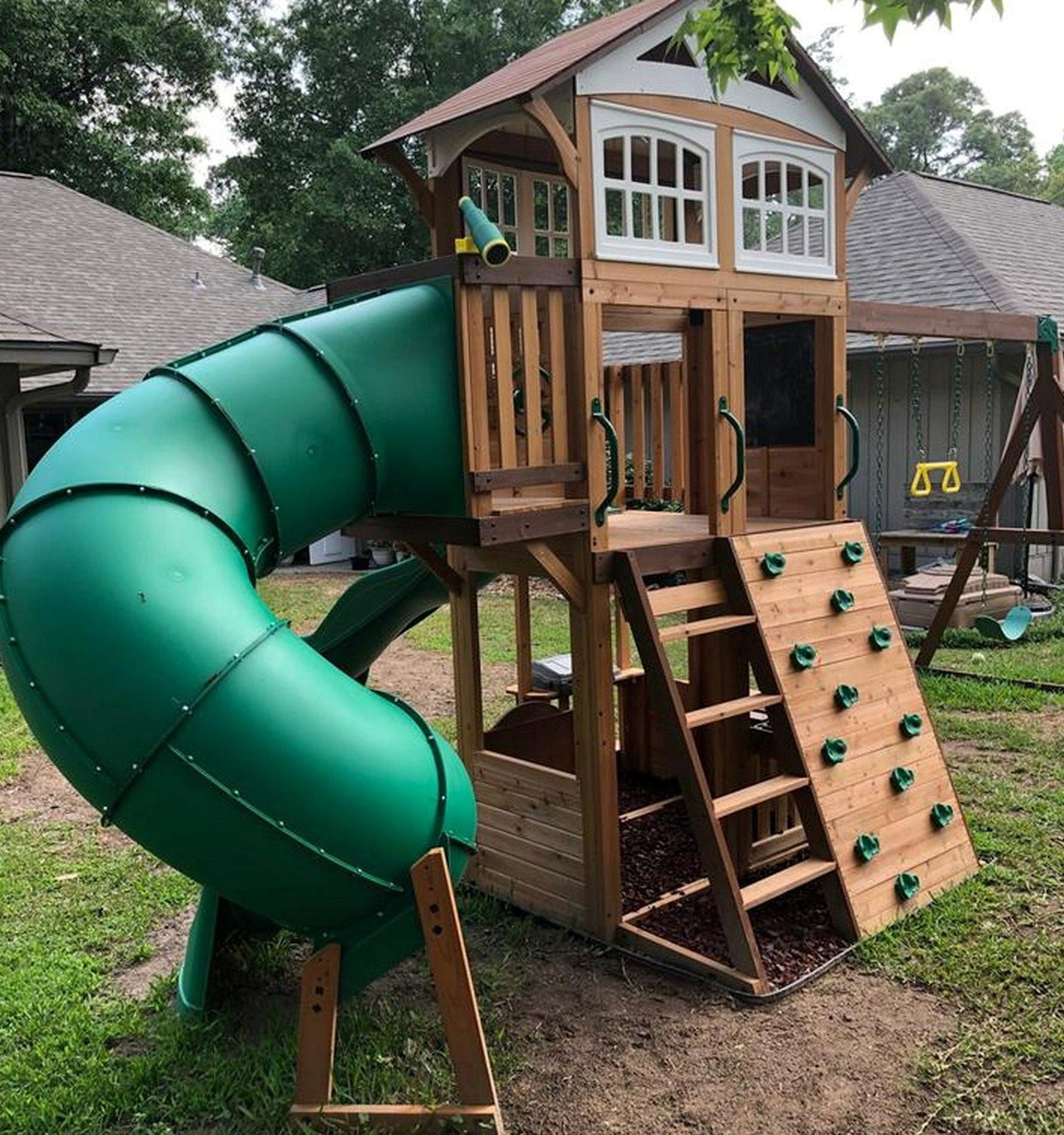 Large Cedar Wood Playground Swing Set Play Set 2 Slides Clubhouse