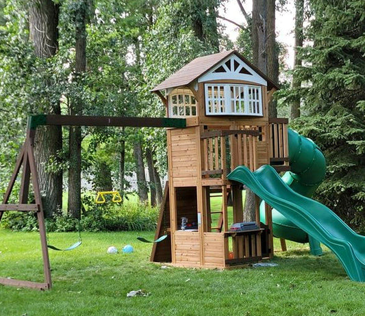 Large Cedar Wood Playground Swing Set Play Set 2 Slides Clubhouse