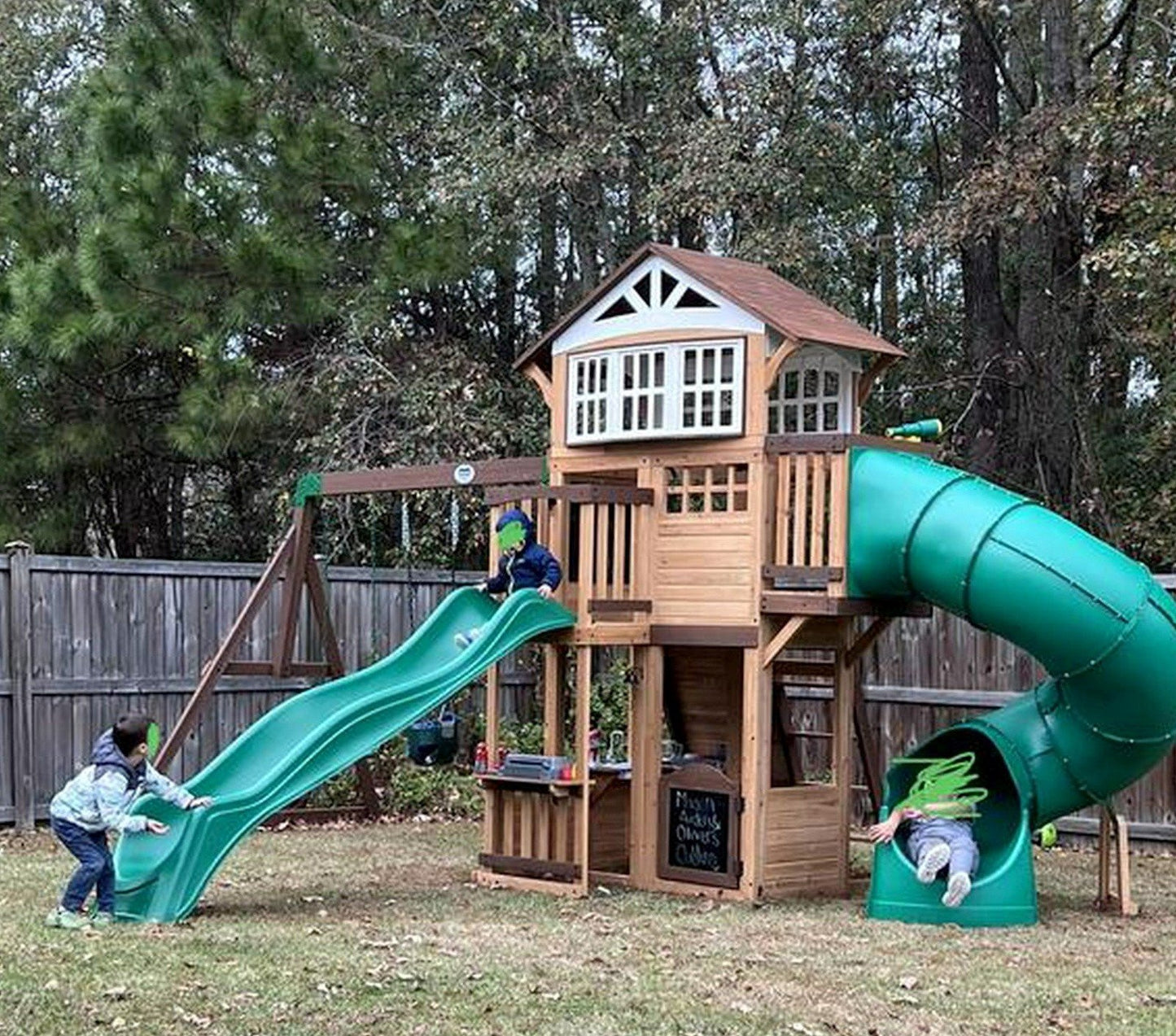Large Cedar Wood Playground Swing Set Play Set 2 Slides Clubhouse