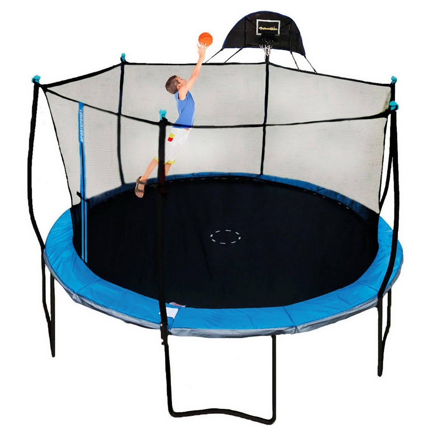 14' Round Trampoline with Basketball Goal Ball Safety Net Enclosure Bounce Pro