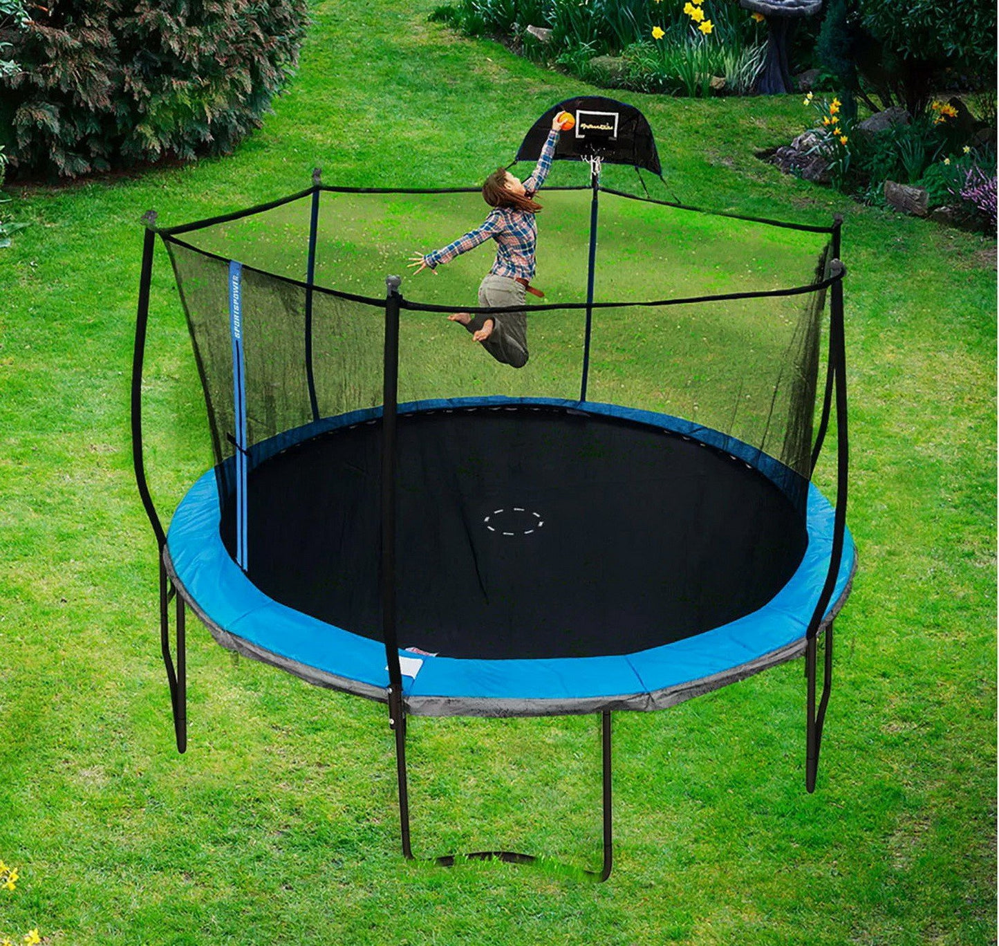 14' Round Trampoline with Basketball Goal Ball Safety Net Enclosure Bounce Pro
