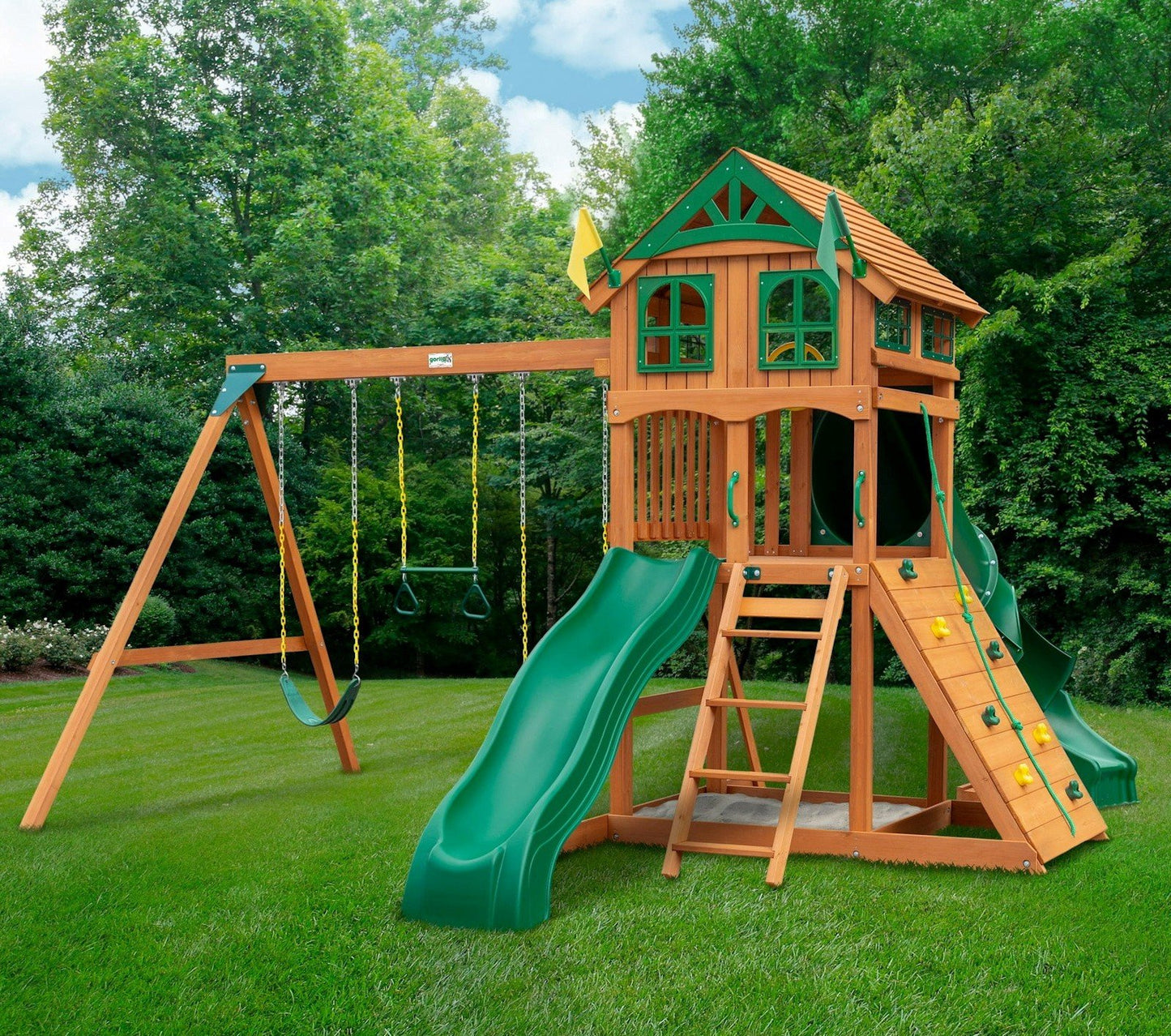 Gorilla Playset Huge Cedar Wood Wooden Swing Set 2 Slides Rock Wall Sandbox