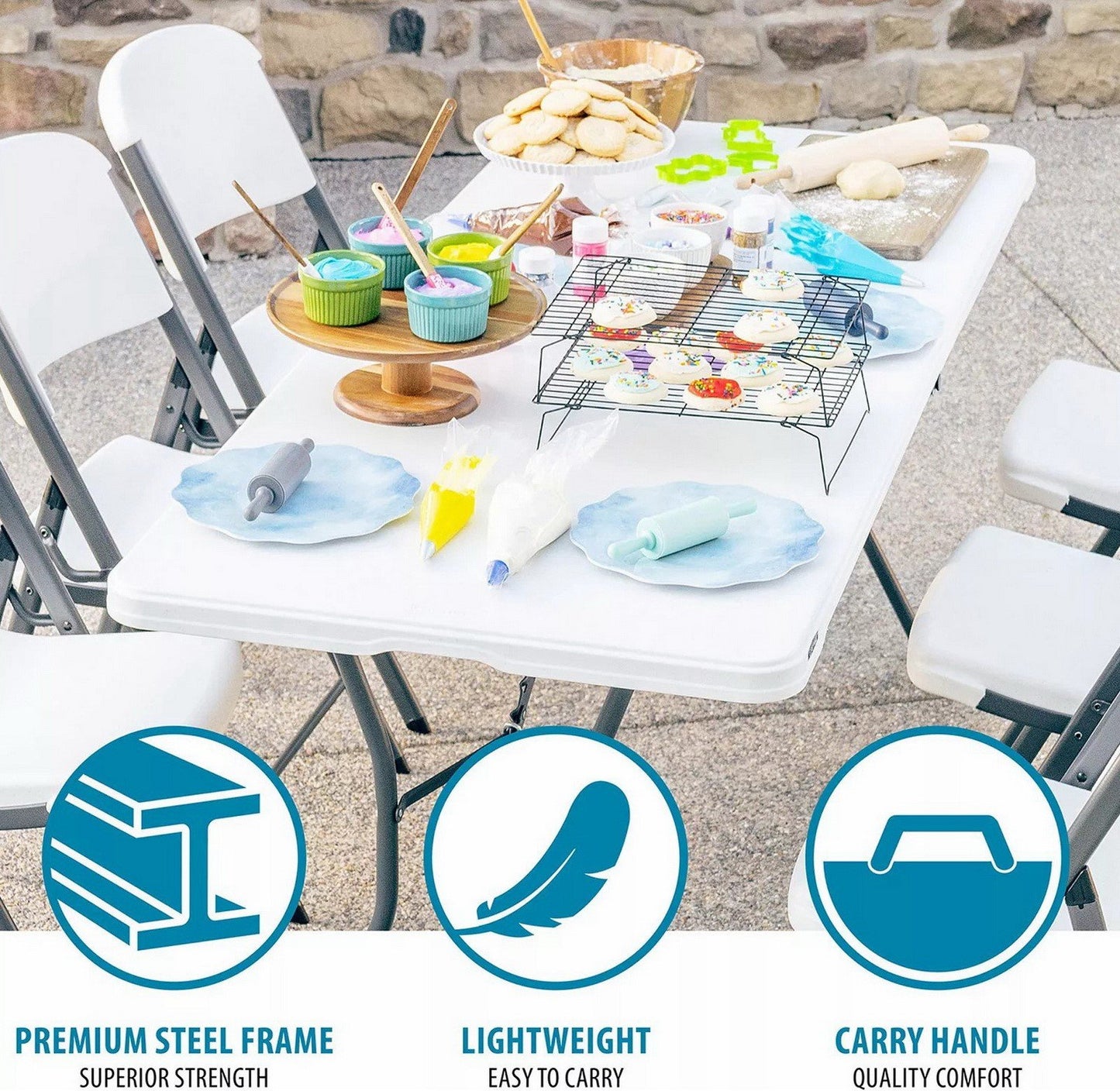 6' Long Folding Table Fold In Half HDPE Top Steel Frame 72" x 30"