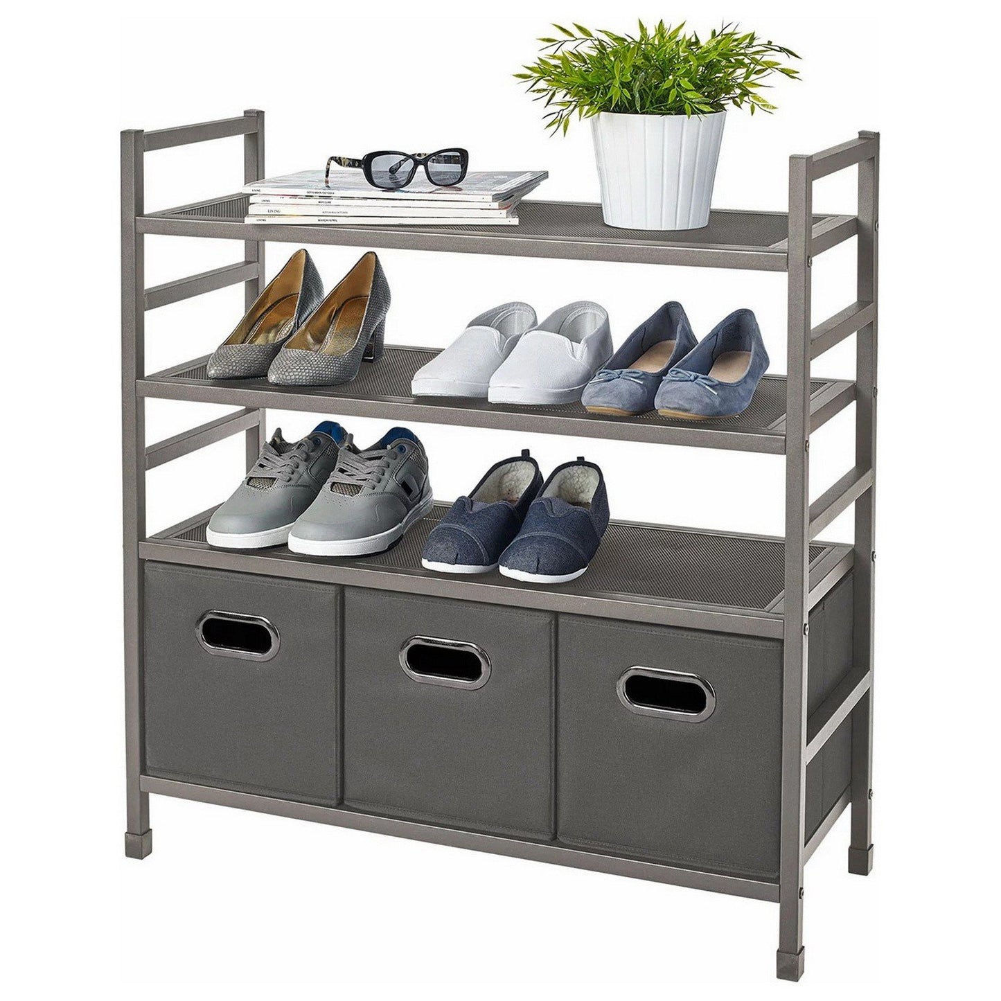 4 Mesh Shelf Stackable Metal Storage Rack with 3 Fabric Bins Shelving Unit