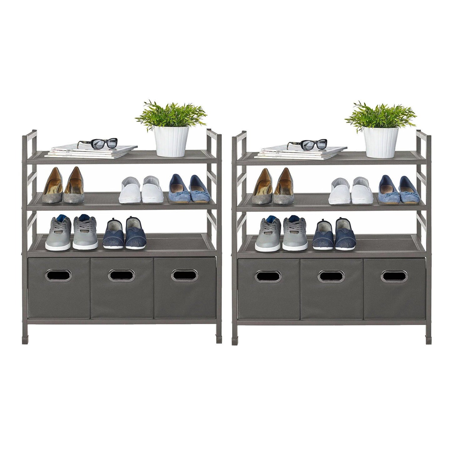 4 Mesh Shelf Stackable Metal Storage Rack with 3 Fabric Bins Shelving Unit