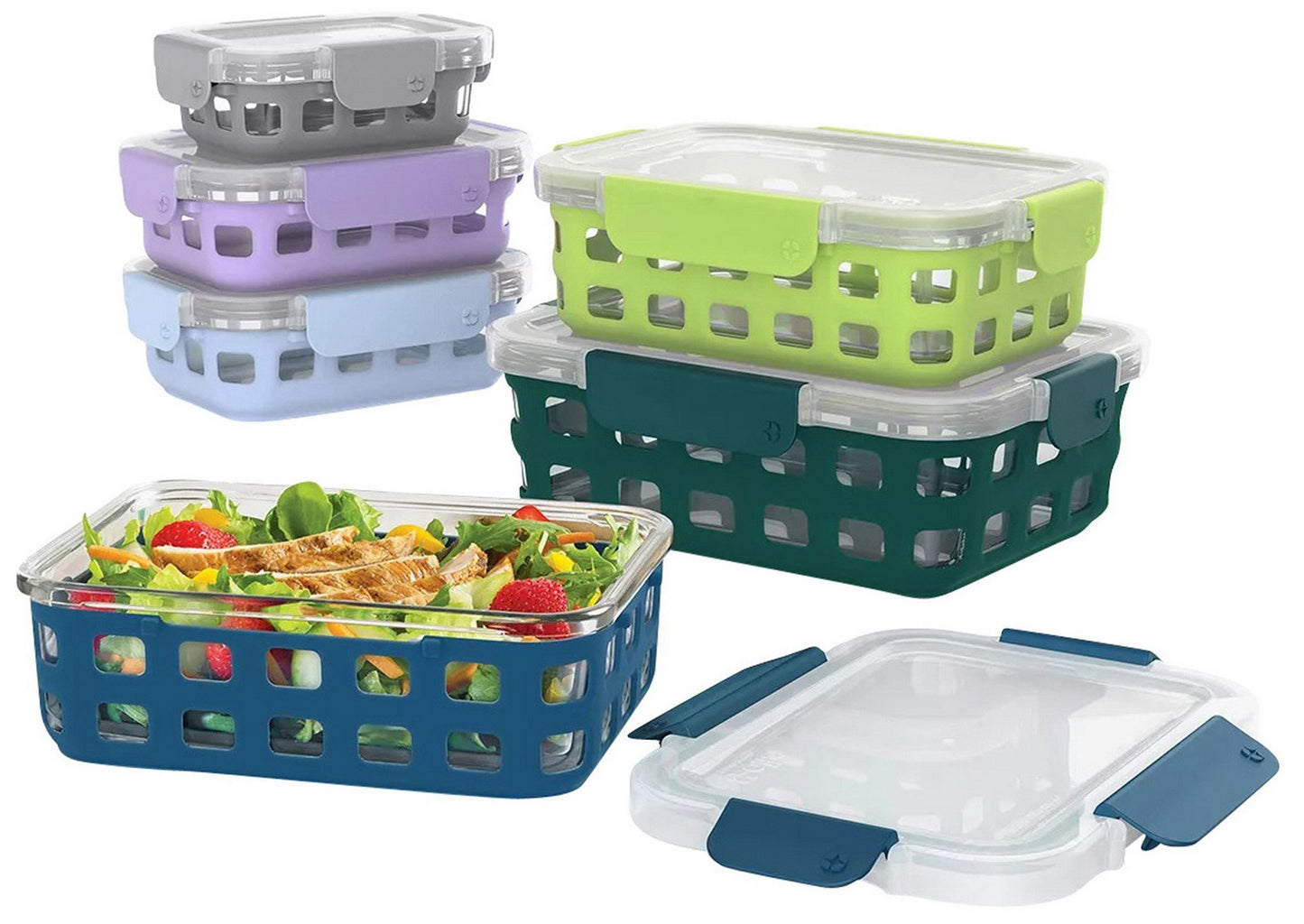 Ello DuraGlass 12 Piece Glass Food Storage Set Silicone Sleeves Airtight Lids