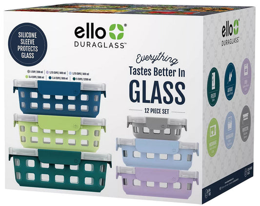 Ello DuraGlass 12 Piece Glass Food Storage Set Silicone Sleeves Airtight Lids