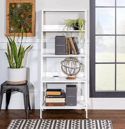 Ladder Style Wooden Bookcase Shelving Wood Display Shelves White Finish 55" Tall
