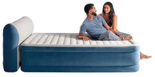 Intex Queen Size Air Mattress Bed with Built In Pump Storage Bag Headboard
