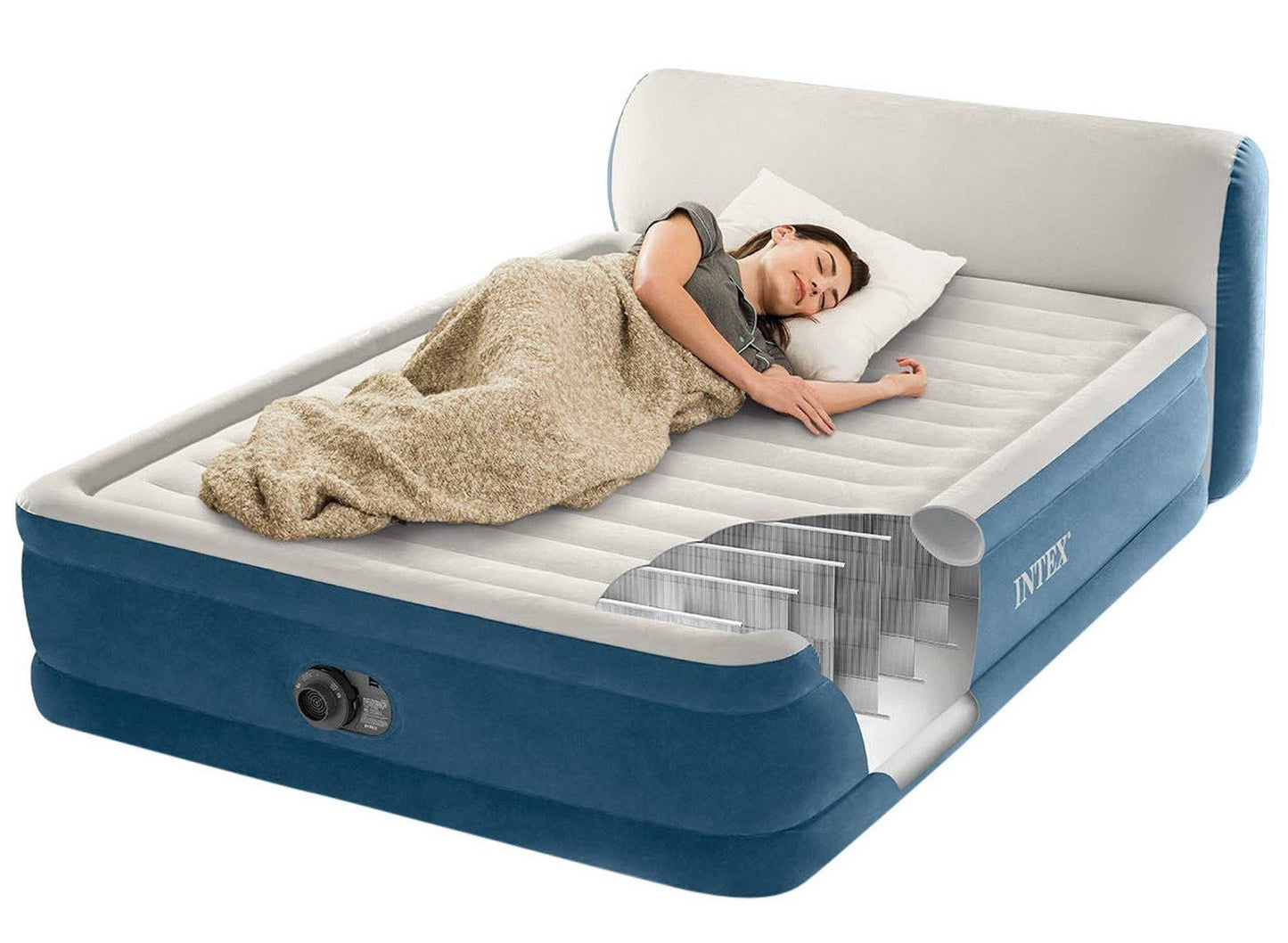 Intex Queen Size Air Mattress Bed with Built In Pump Storage Bag Headboard