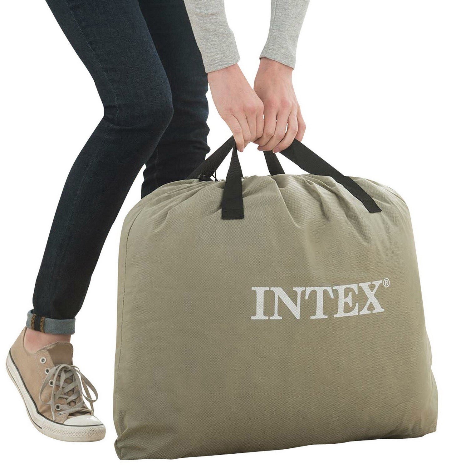 Intex Queen Size Air Mattress Bed with Built In Pump Storage Bag Headboard