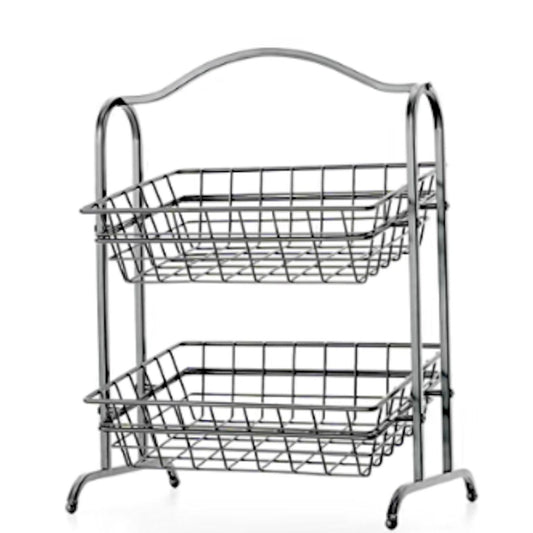 2 Tier Wrought Iron Kitchen Snack Stand Two Removable Fruit Baskets Wood Handle